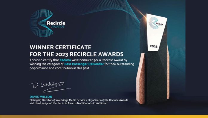 Fedima Tyres vence na categoria de “Best Passenger Retreader” nos Recircle Awards 2023